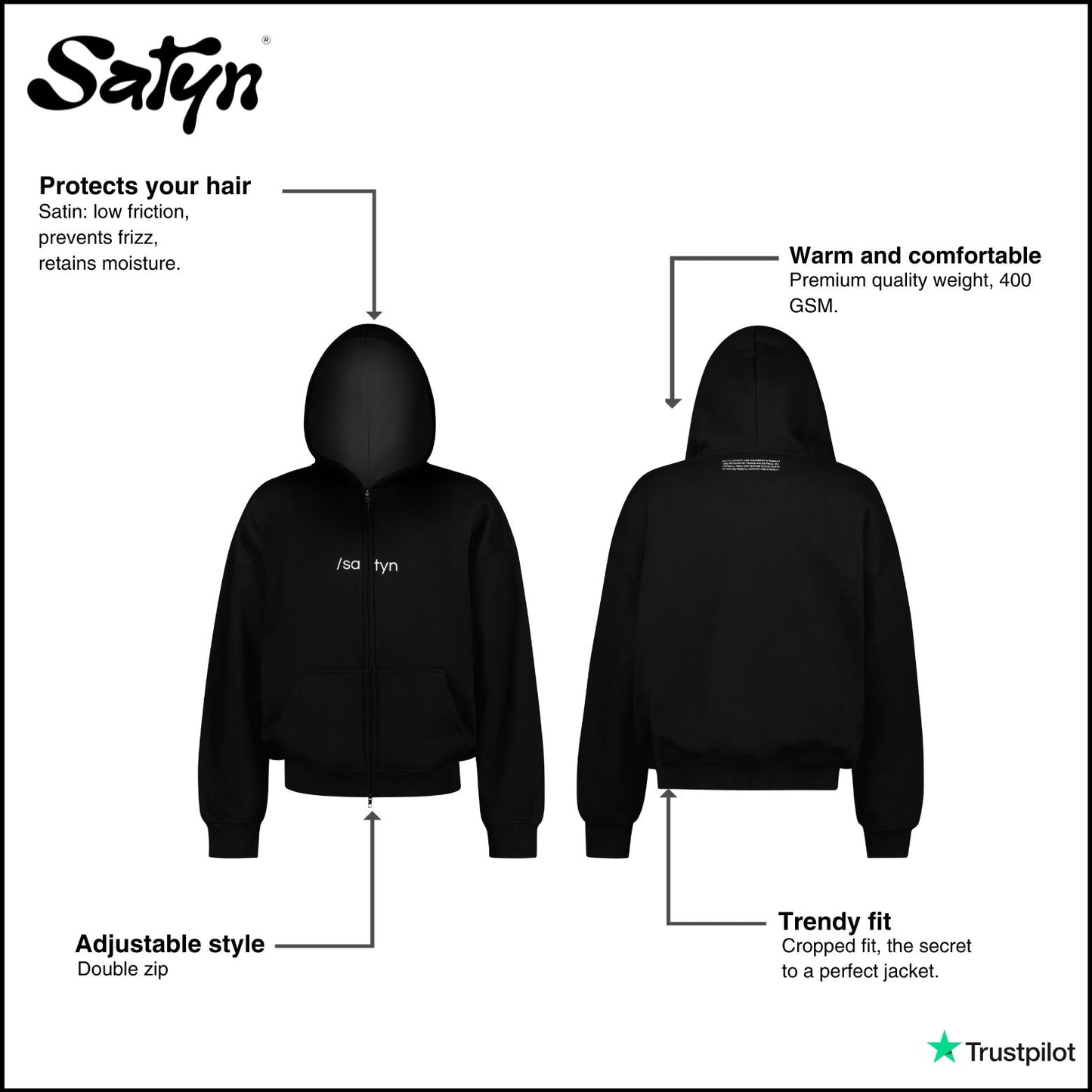 Hoodie met rits/satijn - Jetzwart