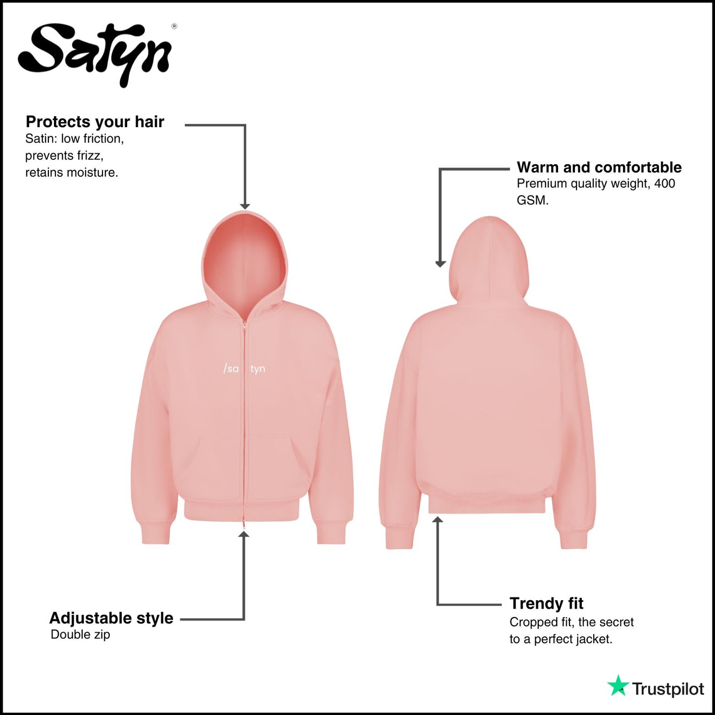 Hoodie Zip /satyn - Pink Evian - AUSVERKAUFT